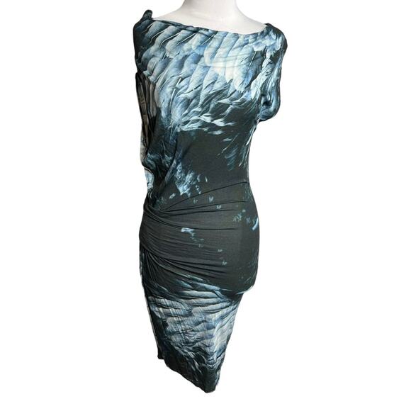 Helmut Lang Draped Bird Print Asymmetric Dress Blue Grey Sz M - Picture 2 of 6